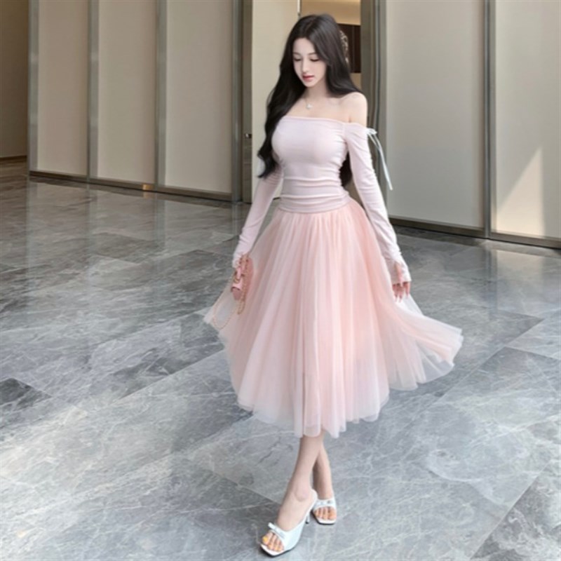 春游风少女气质两件套20s25春季新款露肩粉色T恤衫网纱蓬蓬裙仙女