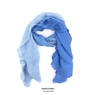 手工扎染 吊染 亚麻文艺丝巾围巾披肩 纯色渐变 过渡海蓝