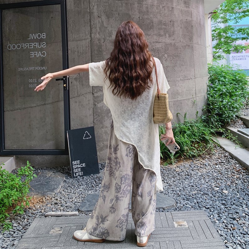 巨好看爆款时g尚套装女2025夏季新款超火蕾丝罩衫宽松阔腿裤两件