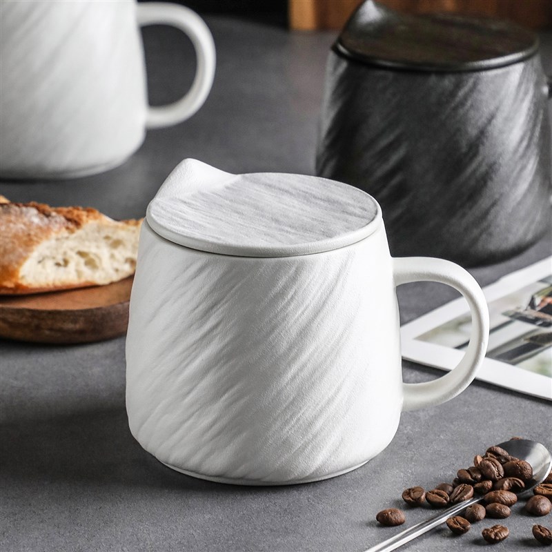 简约大容量陶瓷马克杯咖啡杯茶杯喝水杯子水杯牛奶杯带盖子子防尘