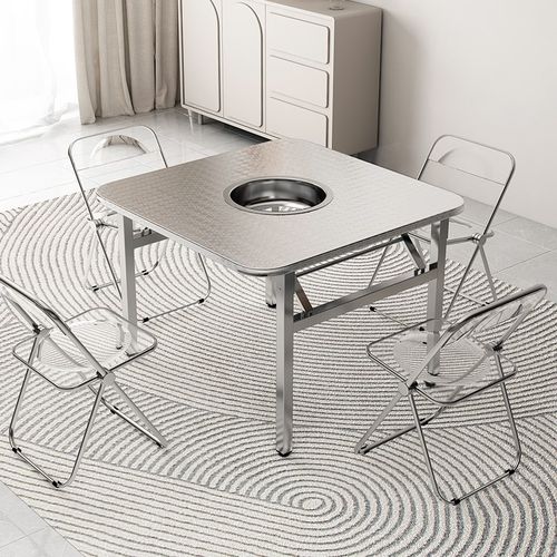 不锈钢折叠火锅桌加厚商用韩式烤肉桌烧烤桌户外一体式方桌圆形桌