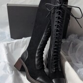 时尚 2025秋季 新款 系带高筒不过膝长靴方头粗跟Q侧拉链拼接瘦瘦靴