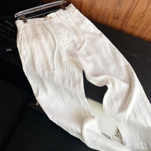 白色轻薄透气天丝亚麻休闲裤男夏日松弛感老钱风裤子宽松阔腿长裤