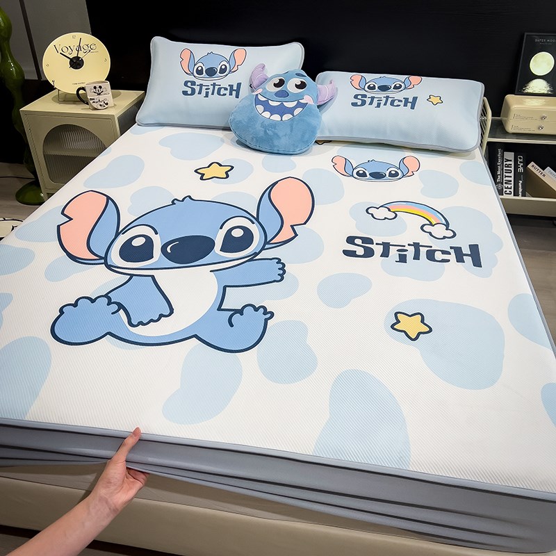 卡通大版史迪仔冰丝凉席床笠款床罩三件套凉感空调席单件可机水洗