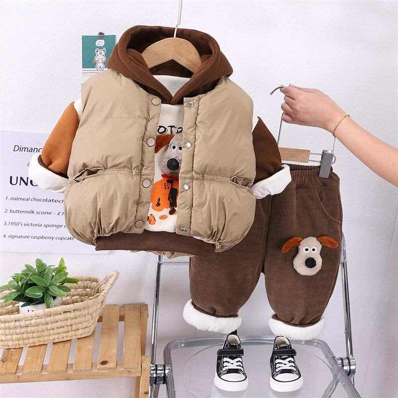 男童秋冬季加绒加厚三件套婴儿童棉衣马甲男宝宝冬装套装1-3岁5潮