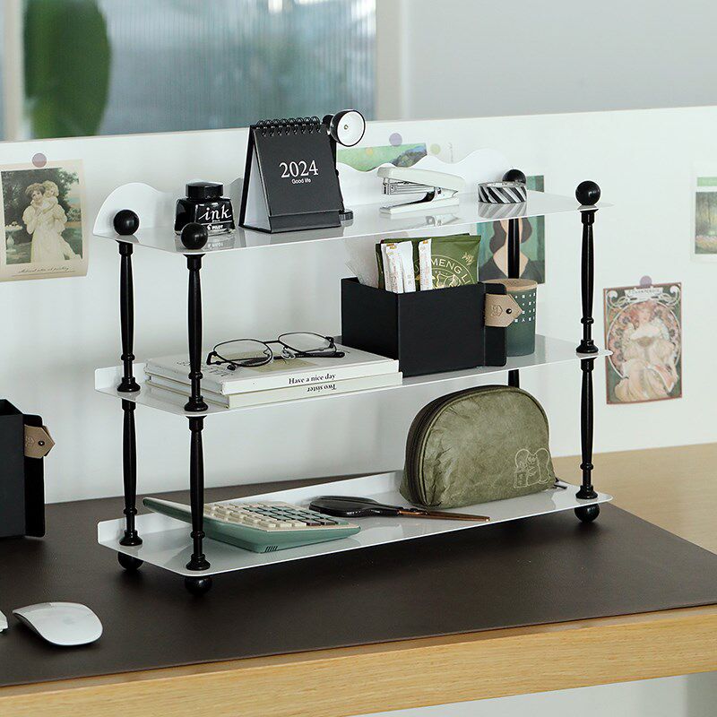 白色三层置物架 办公桌面收纳架 多层铁艺杯子架书房多功能整理架