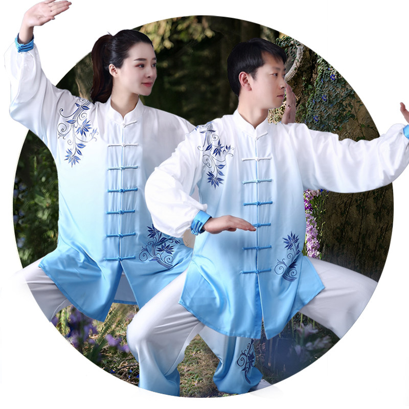 太极服女长版弹力丝绸渐层青花瓷刺绣练功服男武术比赛表演服装服