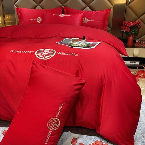 婚962888庆四件婚p大嫁新婚床品刺绣组喜被红结婚床单笠礼房床中