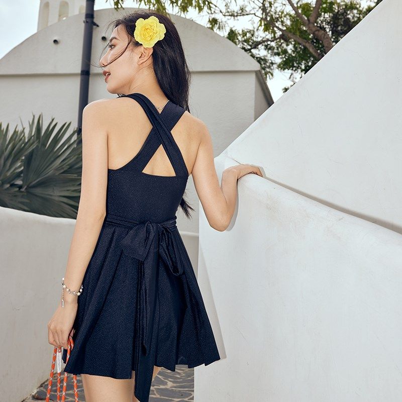 黑色温泉泳衣女高级感微胖遮肉显瘦遮肚子大码胖人保守高级感绑带