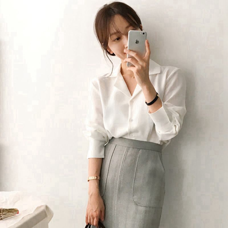 白色衬衫女设计感小众202v1春秋新款长袖早秋时尚洋气职业衬衣雪