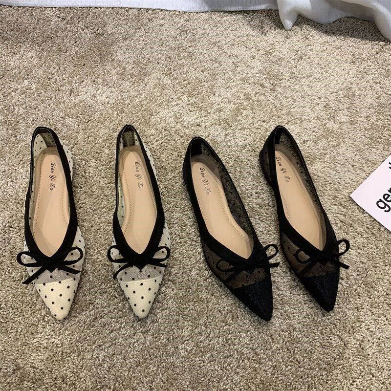 韩版单鞋2025夏季波点透气蕾z丝网面蝴蝶结仙女平底鞋软底豆豆鞋