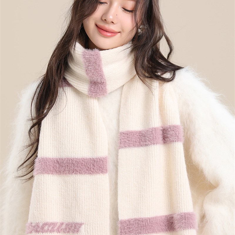 Cacuss秋冬女士围巾马海毛拼接条纹韩版撞色软糯围脖保暖百搭时尚