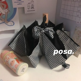 msho黑白格子ins禁欲系女全自动三折叠黑胶防晒晴雨便携两用雨伞