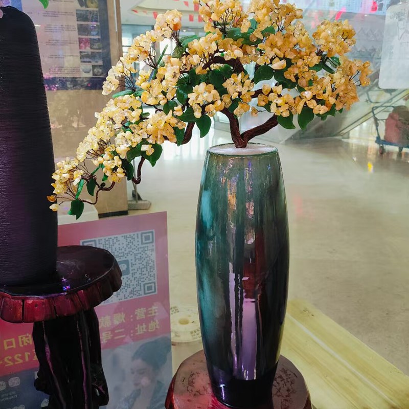2025新款天然黄水晶发财树摇钱C树别墅客厅招财摆件高档招财陶瓷