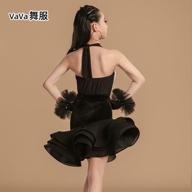 vava舞服专业少儿拉丁舞服儿童练功服秋表演服高端练功裙V领分体