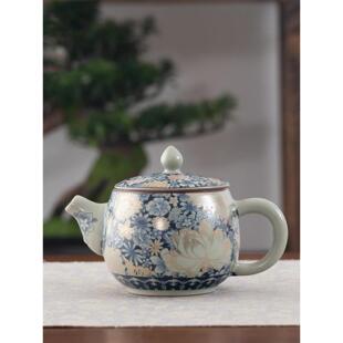 茶壶汝窑开片缠枝莲牡丹花高颜值国风家用高档陶瓷泡茶壶单壶茶具
