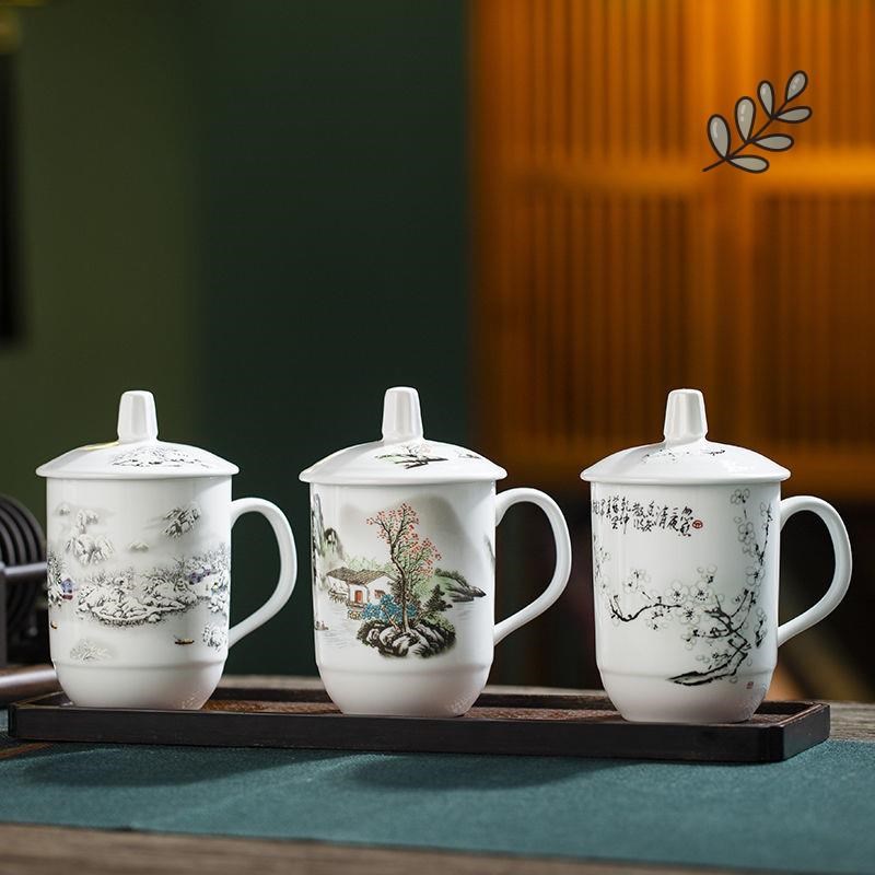 景德镇陶瓷杯会议办公室水杯带盖家用陶瓷水杯套装酒店宾馆茶水杯