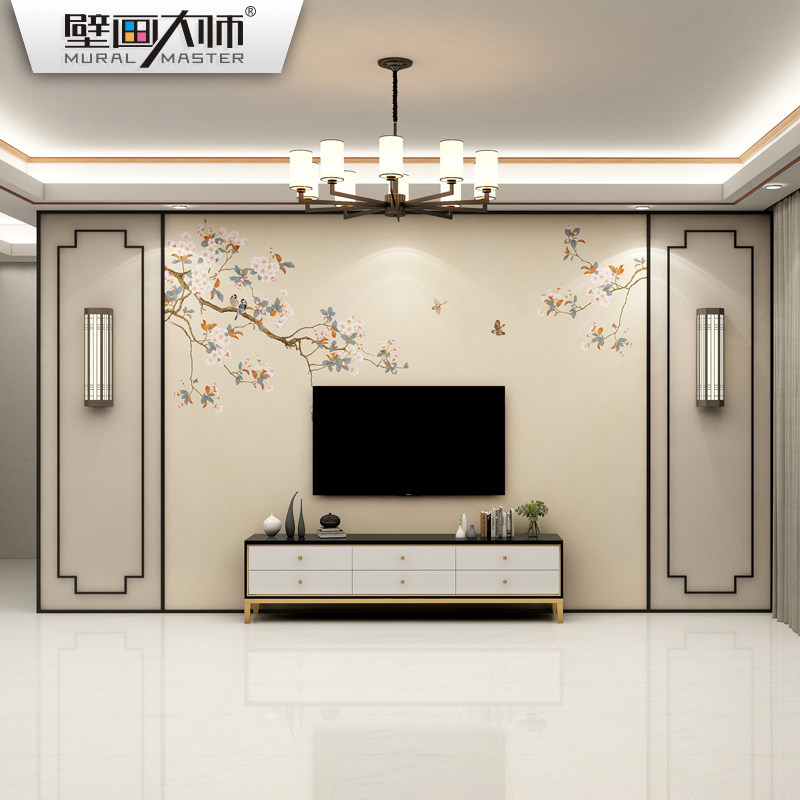 新中式花鸟c背景墙电视墙壁纸简约客厅沙发影视墙壁画淡雅卧室墙