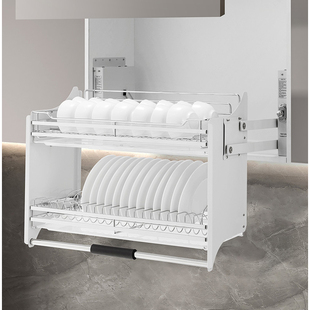 厨房吊柜升降拉篮304不锈钢碗碟收纳下拉式 升降调味篮伸缩置物架