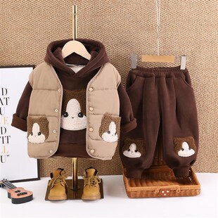 男童秋冬季c加绒加厚三件套洋气婴儿童马甲男宝宝冬装套装1-3岁5