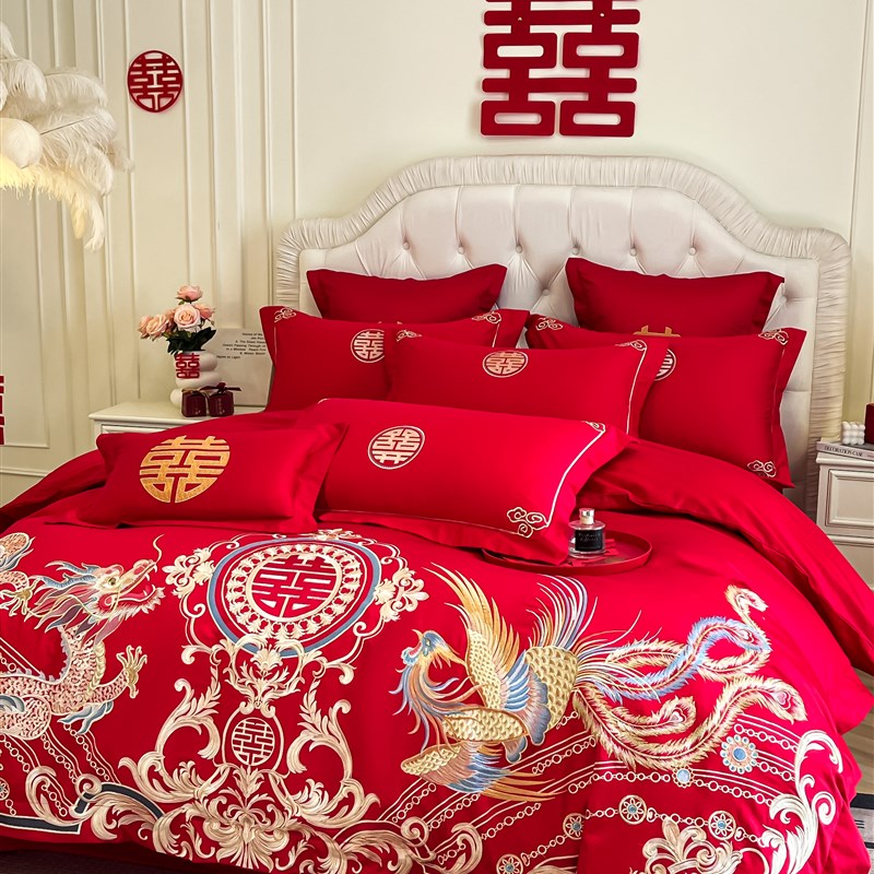 高级感新款龙凤刺绣婚庆四件套红色新婚被套床单高档结婚喜被床品
