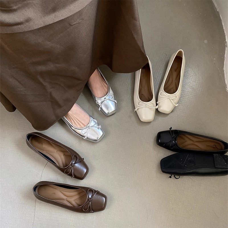 仙女风平底单鞋女2025春季新款蝴蝶结方头平底单鞋银色浅口豆豆鞋,女鞋,浅口单鞋,淘宝优惠券,粉丝福利购,淘宝优惠卷