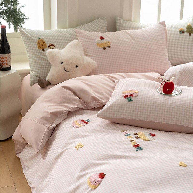 舒芙蕾ins可爱卡通粉格全棉磨毛四件套纯棉毛巾绣1.5米儿童床品,床上用品,床品套件/四件套/多件套,淘宝优惠券,粉丝福利购,淘宝优惠卷