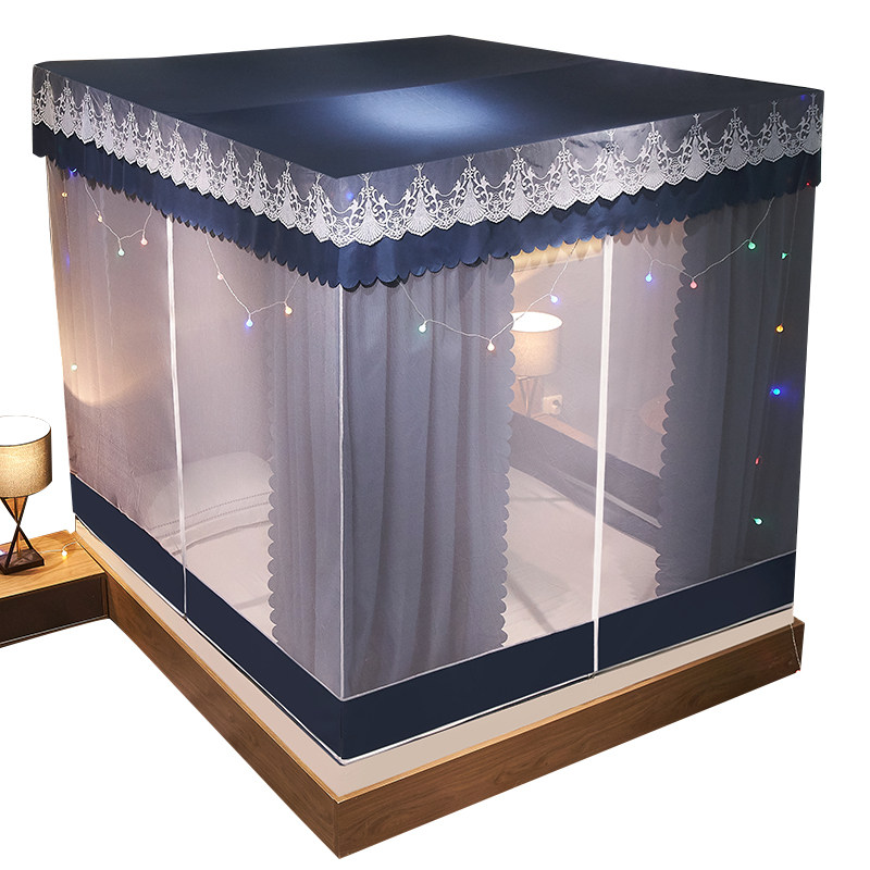 遮光防蚊两用家用蚊帐布帘一体全封闭1.5m蒙古包式拉链方帐公主风