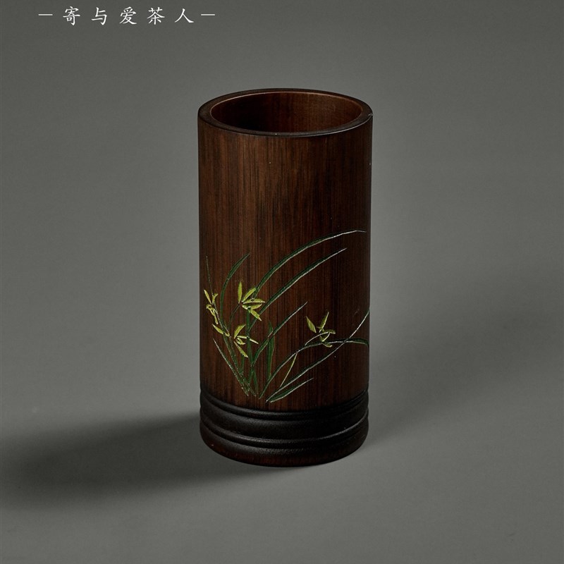 竹雪明天然竹制雕刻兰花笔筒茶筒收纳筒 茶室笔筒收.纳竹筒笔搁