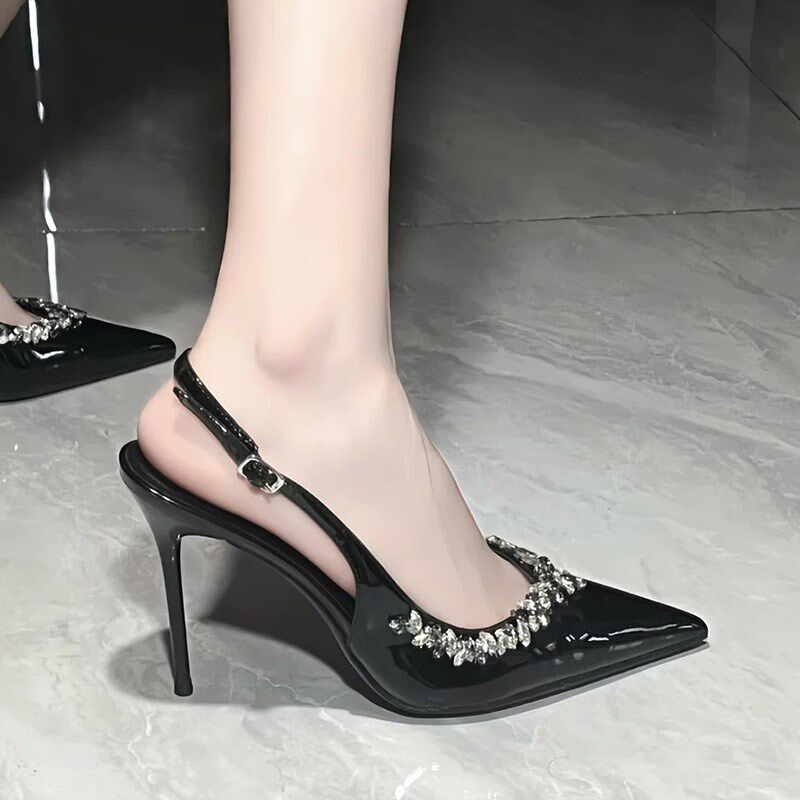 2025新款黑色水钻高跟鞋女细跟尖头气质法式单鞋一字带包头凉鞋