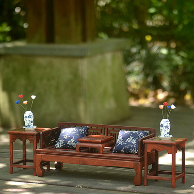 古典娃娃屋微缩红酸枝实木家具模型 迷你床榻贵妃床罗汉床花架