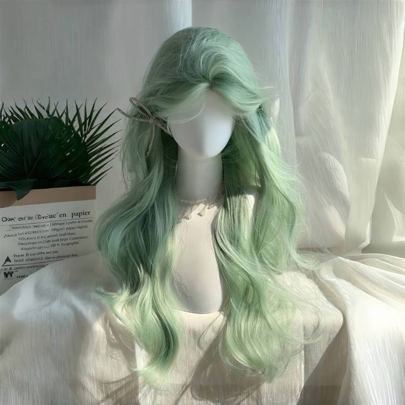 假发女薄荷e曼波浅绿色大波浪长卷发中分浏海自然彷真发丝全头套