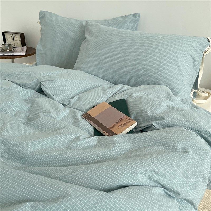 小半夏 百搭低饱和蓝绿格纹全棉小粗布四件套床单被套简约温柔系