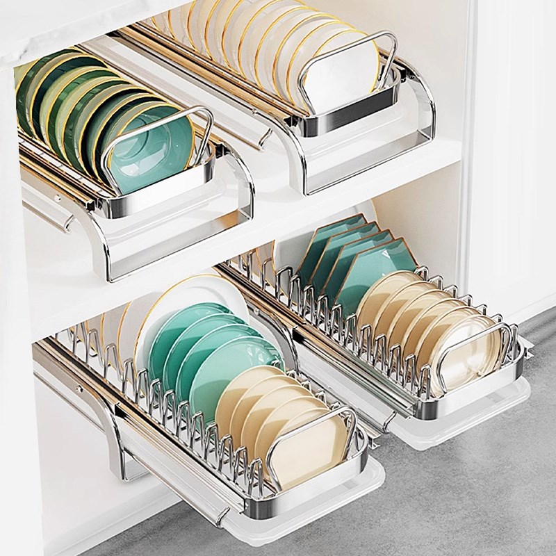 不锈钢厨房抽拉碗碟收纳架橱柜碗架拉篮抽屉式碗盘盘子沥水置物架
