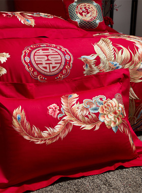 120支端长绒棉婚庆四件套大红色纯棉喜被龙凤刺绣结婚床上用品4