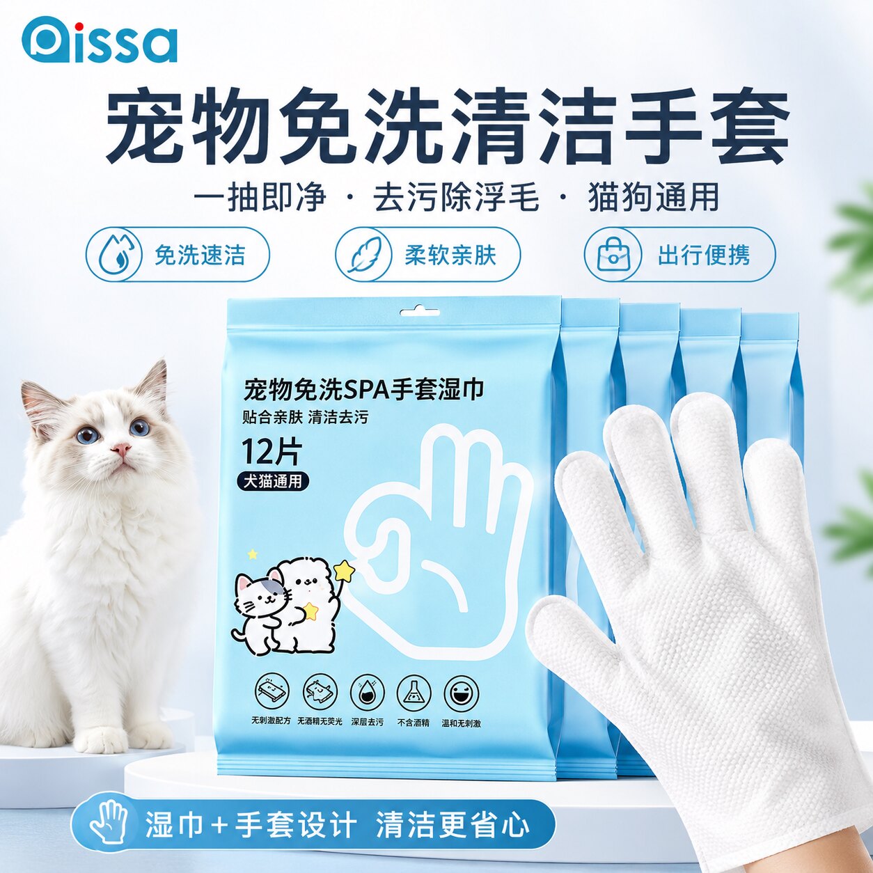 猫狗免洗手套湿巾加厚加大款宠物全身清洁护理湿巾免水洗温和配方