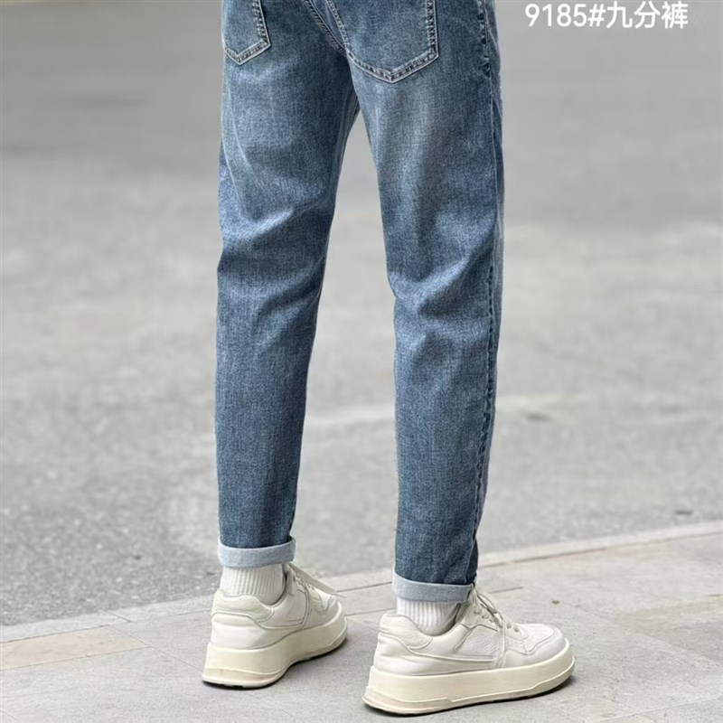 2025春夏季新款薄款潮流破洞牛仔裤男修身小脚裤小个子九分裤蓝色