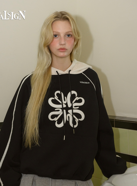 VitalSign韩式休闲风四叶草黑色连帽卫衣女宽松印花撞色拉绒帽衫