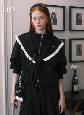 VitalSign复古休闲蕾丝海军领拉链外套女黑色短款斗篷设计感上衣