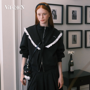 VitalSign复古休闲蕾丝海军领拉链外套女黑色短款斗篷设计感上衣
