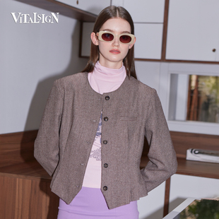 VitalSign法式老钱风短款毛呢西装外套女秋冬圆领排扣气质高级感