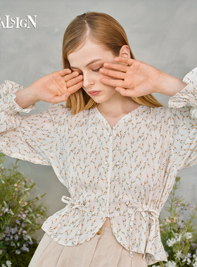 VitalSign法式田园风碎花雪纺衫女款V领收腰显瘦喇叭袖开衫上衣