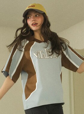 VITALSIGN · 夏季拼接领口撞色运动宽松多色印花美式情侣T恤短袖