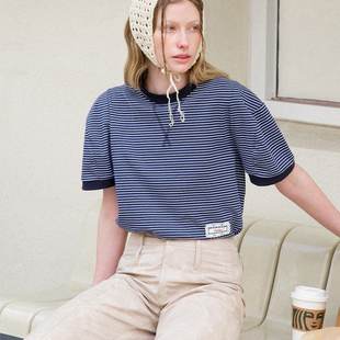 VitalSign25SS夏季复古小众设计师品牌条纹泡泡袖T恤短袖上衣
