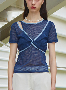 VitalSign滚边层叠感T恤蓝色法式复古短袖小众夏季新品
