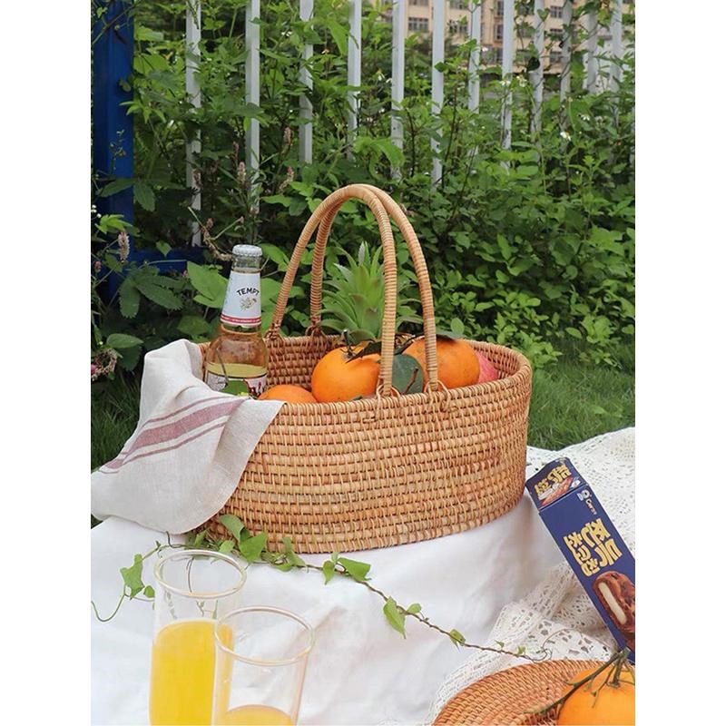85JV越南真藤编覆古手提水果篮家用双耳椭圆大号收纳篮精编菜篮子