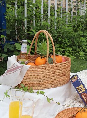 85JV越南真藤编覆古手提水果篮家用双耳椭圆大号收纳篮精编菜篮子