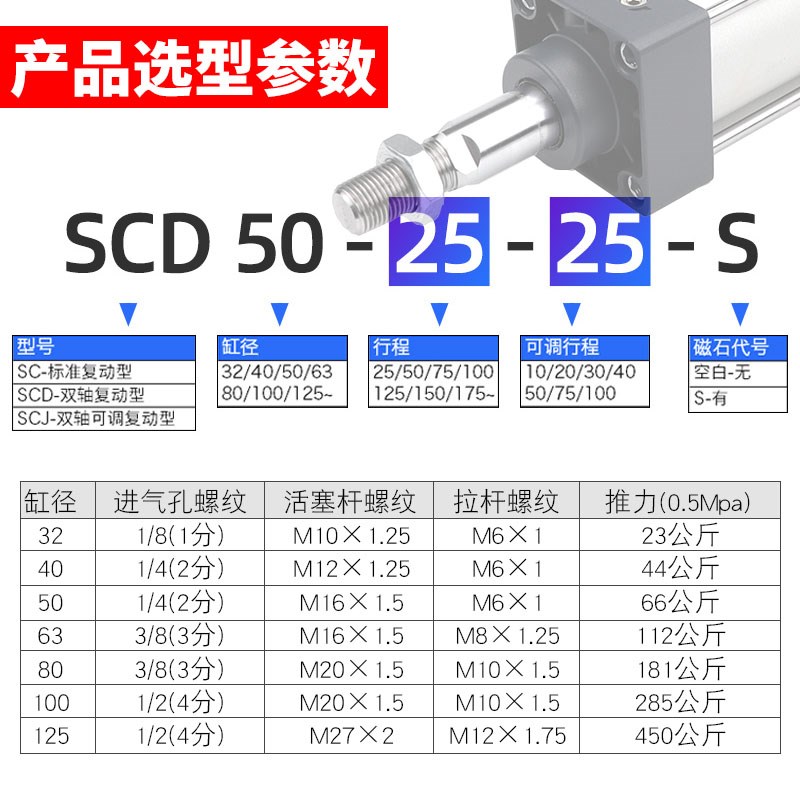 亚德客型标准双出气缸SCD32/40/50/63/80/100X25X50*75x90X100