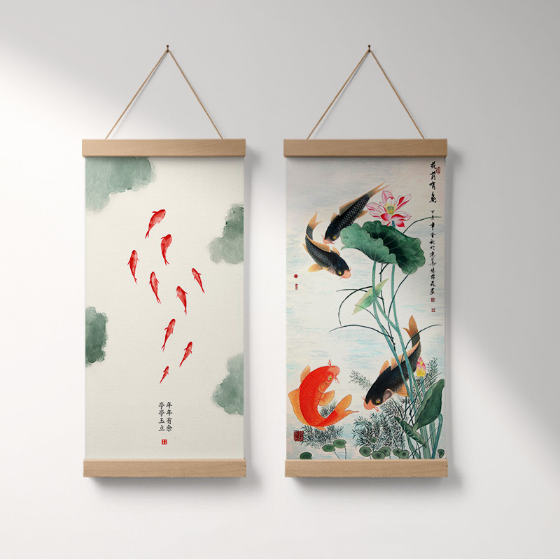 布艺聚财九鱼图挂画新中式茶室挂布墙画客厅壁画办公室装饰画荷花图片