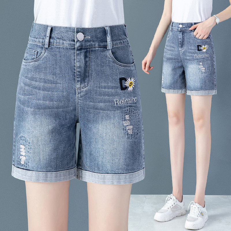 小皱菊牛仔短裤女2020年夏季新款松紧腰大码热裤高腰直筒四分裤女